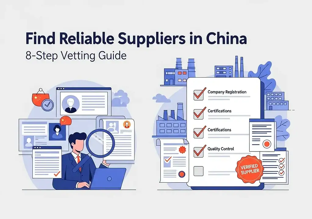 Illustration of a buyer verifying reliable Chinese suppliers using an 8-step vetting checklist