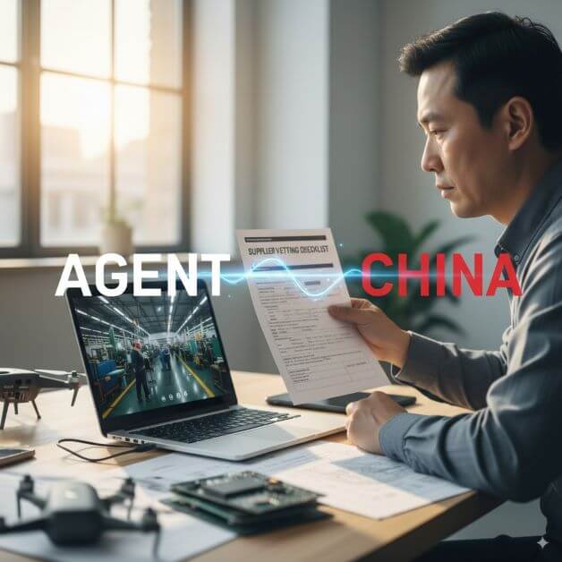 An 8-step visual guide illustrating how to vet reliable suppliers in China, with magnifying glass inspection.