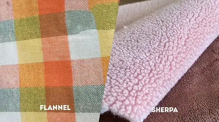 A close-up of different materials used when sourcing fabric for blanket hoodies, comparing smooth flannel fleece to wooly sherpa lining